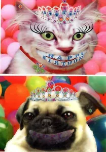 Happy Birthday lächelnde Katze & Hund - 3D linsenförmige Postkarte Grußkarte - Bild 1 von 1