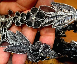 embroidered appliques hand sewn flowers leaves 1x4.75" 19"pc 4 apps black silver - Picture 1 of 3