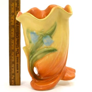 Antike WELLER "ROBA" VASE 6" signiert GELB-ORANGE mit BLUEGELL BLUMEN Rüschenlippe - Bild 1 von 12