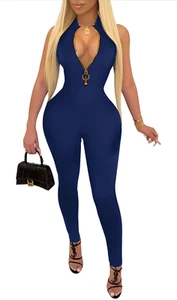 NEW Navy Jumpsuits Bodycon Rich Hold Zipper 1 Pc Outfits Large - Picture 1 of 5