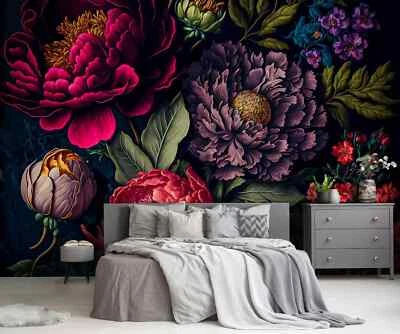 Mural Papel Pintado Floral Dormitorio Mujer 312x219cm Rojo Negro Peonías Rosas Foto 1 de 4