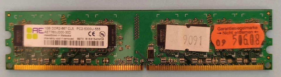 1GB AE AET760UD00-30D (1 x 1GB, PC2-5300U, DDR2 SDRAM, 667 MHz, PC/Laptop) - Bild 1 von 1