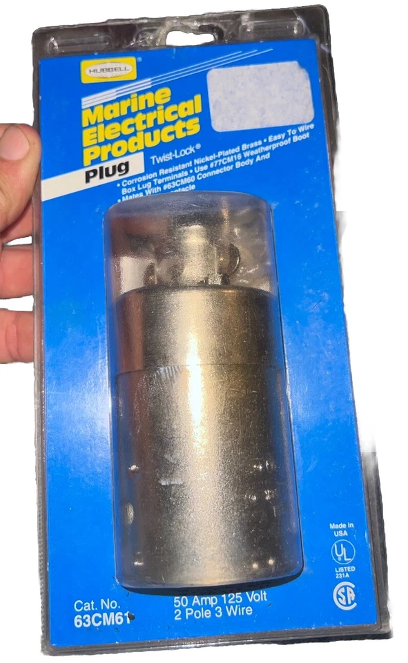 Sujetadores niquelados Hubbell 63CM61 50A Marine Twist-Lock Plug 2 polos 3 cables 125 voltios Foto 1 de 1