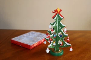 Vinta Wood Christmas Tree with 20 Mini Ornaments 8.75" Glitter Tabletop Germany - Picture 1 of 11
