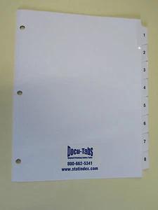 120 SETS # 1-8 Numbered index tab dividers, 3 hole reinforced, $1.28 per set - Picture 1 of 1