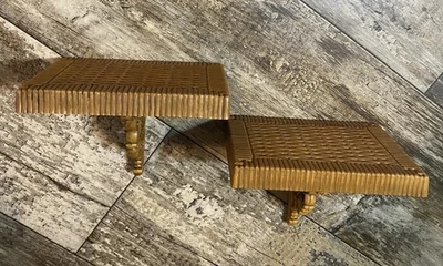 Pair 2 Vintage Homco Syroco Basket Weave Wall Shelf MCM 1978 #3323 Rattan Boho - Image 1 of 4
