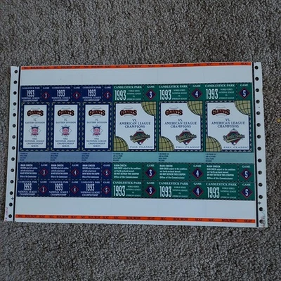 1993 S.F Giants Playoff World Series Uncut Sheet Ticket Candlestick Park - EX - Image 1 of 2