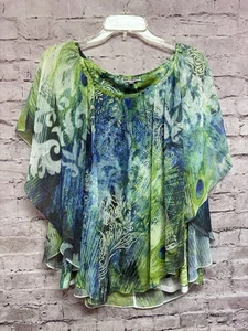 JM Collection Damen Bluse Dolman blau grün Gr. XL Strass - Bild 1 von 4