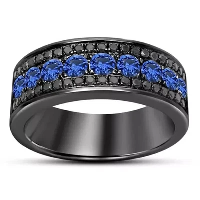 Круглое мужское юбилейное кольцо с сапфиром 3 карата с покрытием из черного золота 14 карат - Изображение 1 из 4