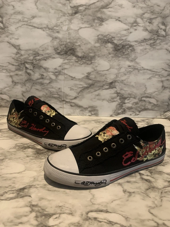 Y2K Ed Hardy 低帮头骨和心形帆布运动鞋男式 12 黑色一脚蹬鞋 — 第 1/4 张图片