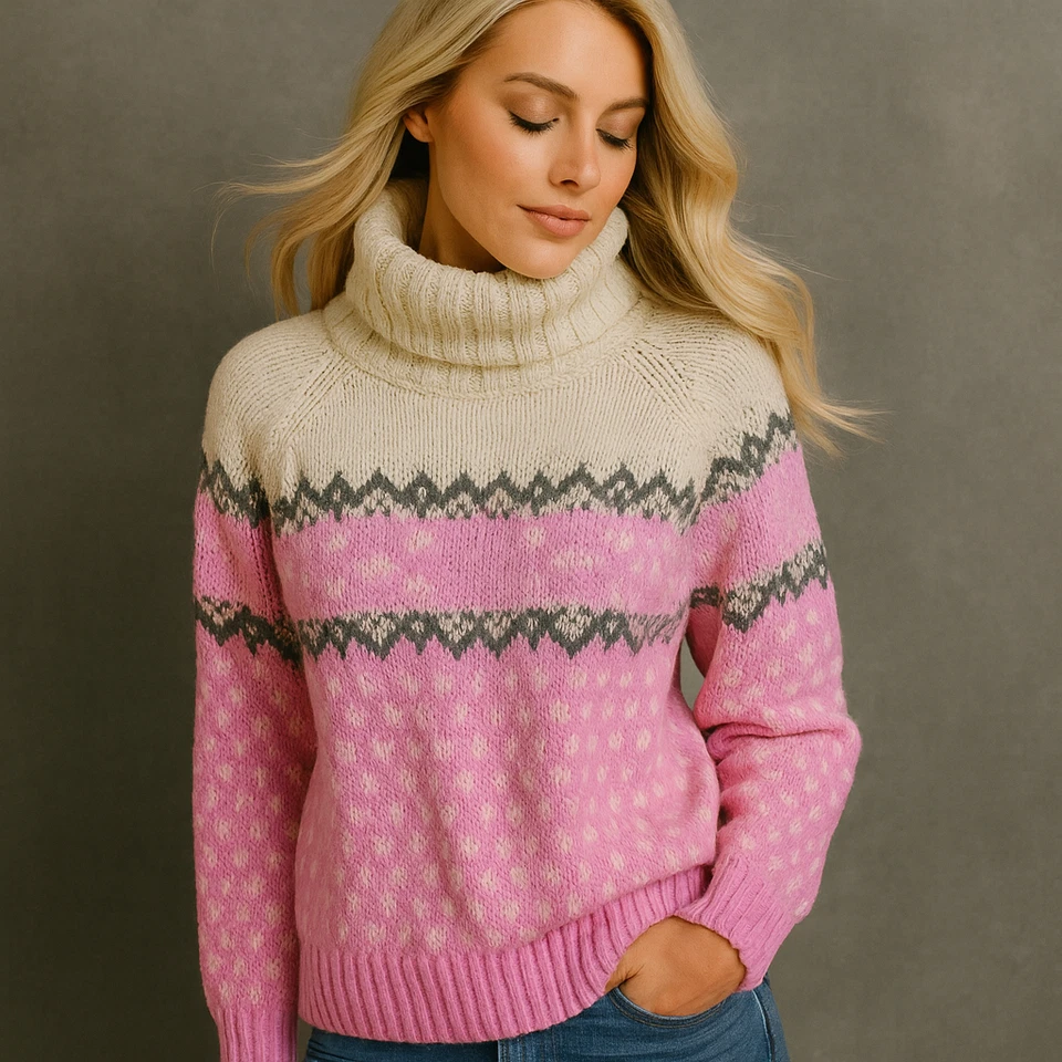 Suéter Vintage Route 66 Rosa Blanco Fair Isle Cuello Alto Grande Años 90 Kmart Angora Foto 1 de 4