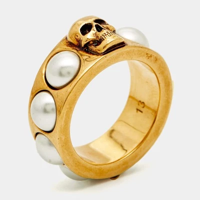 Alexander McQueen Faux Pearl Gold Tone Skull Ring Size 53 - Image 1 of 4