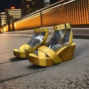 Tory Burch Almita Leather Wedge Sandals Wood Platform Yellow US 7 M - Picture 1 of 15