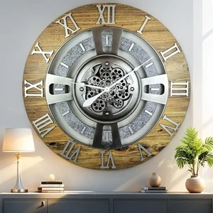 The Gears Clock ENGLAND LINE WALL CLOCK ROUND 36 INCH WOOD & STONE - Picture 1 of 10