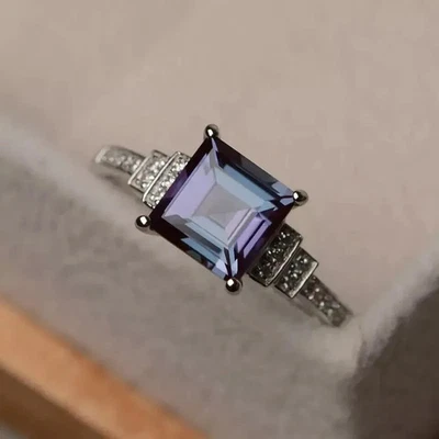 2.00 Ct Princess Cut Color Changing Alexandrite Ring, 14K solid White Gold Ring - Image 1 of 4