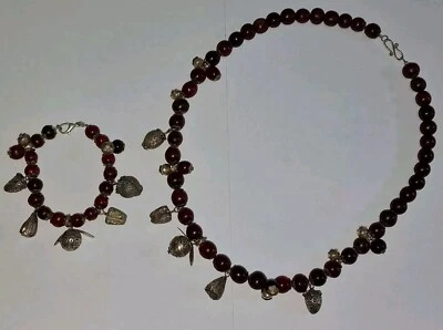 Collana E Bracciale In Argento Vintage Sfere Di Colore Ambra Cigliegia - Immagine 1 di 4