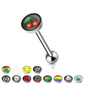 14G 5/8" Clear Epoxy Covered Logo Inlaid Surgical Steel Barbell Tongue Rings - Picture 1 of 1