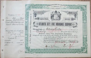 Certificado de acciones de Atlantic City, NJ Fire Insurance Company 1908, Nueva Jersey - Imagen 1 de 1
