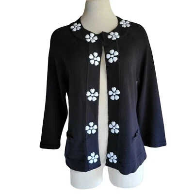 Investments L Women Cotton Cardigan Sweater Black White Floral Beads 3/4 Sleeve. - Image 1 of 4