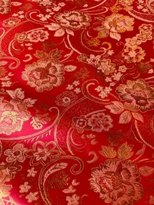 Red & Gold Paisley Floral- Faux Silk Brocade Jacquard Fabric - Picture 1 of 9