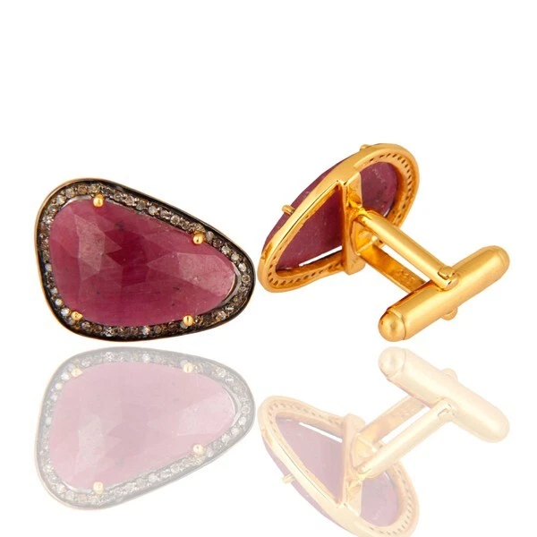 Natural Real Diamond & Ruby Cufflink For Men Paved Diamond Cufflinks Jewelry - Image 1 of 4