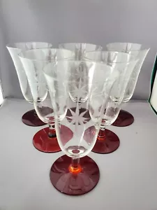 6 Weston Starburst WGL2 Etched Ruby Red Base Ice Tea Glasses 6 3/8" - Picture 1 of 6