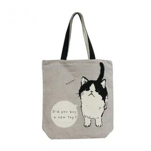 Japanese Cotton Canvas Bag A4 Tote Bag Top Zipper Cat Pattern Grey 06109 - Picture 1 of 15
