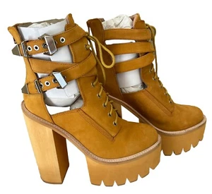 Jeffrey Campbell Platform Boots 11M Tan Leather Cut Out Details Lace Up NICE! - Picture 1 of 20