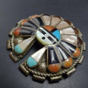 DE COLECCIÓN ZUNI Plata Esterlina CARA DE SOL Incrustación PIN/BROCHE COLGANTE Turq Coral Jet MOP - Imagen 1 de 13