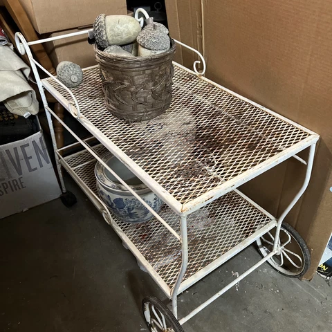 Antique/Vintage Wrought Iron Two Tier Garden or Patio Serving or Planter Cart Cover