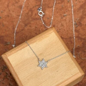 14K White Gold Mini Pave Diamond Star of David Pendant Necklace 18" Magan Star - Picture 1 of 9
