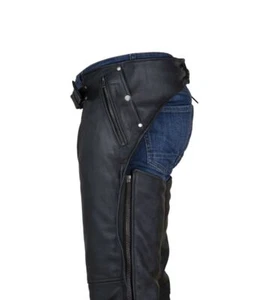Black Multi-Pocket Premium Cowhide Leather Chaps with Removable Lining - Foto 1 di 7