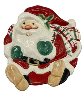 Fitz and Floyd Plaid Christmas Holiday Santa Claus Retired Cookie Plate Dish 9” - Picture 1 of 3