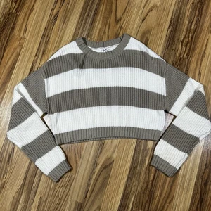 Garage Striped Cropped Sweater Size P/S Tan And White Crewneck Long Sleeves - Picture 1 of 7