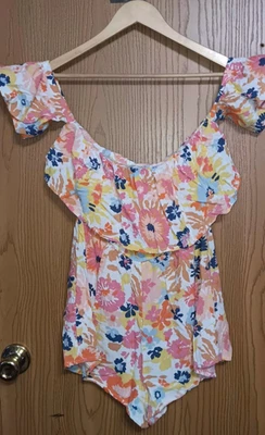Roxy Off The Shoulder Halter Romper Shorts Women's Size Medium Floral Pink - Image 1 of 4