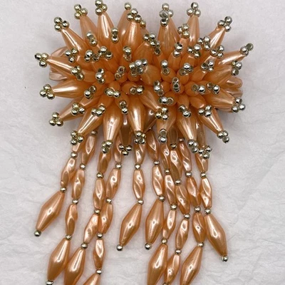 Vtg 80s Hair Clip Beaded Faux Pearl Dangle Peach Gold Bow Barrette Wedding - Image 1 of 4