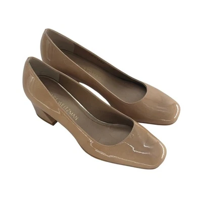 Stuart Weitzman Heels Pumps Marymid Nude Tan Women 7 Patent Leather Square Toe - Image 1 of 4