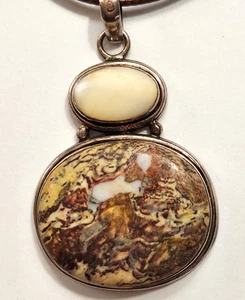 Vtg 925 Sterling Silver Pendant Crazy Lace Agate MOP Brown Waxed Cord Southwest - Picture 1 of 8