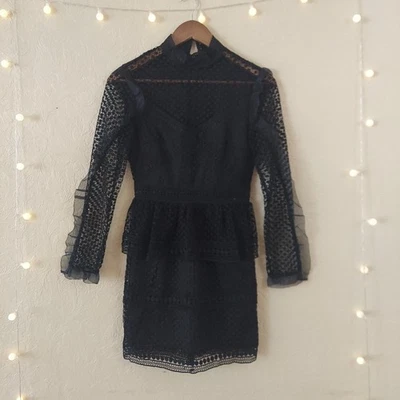 Bloomingdale's Aqua Black Lace Overlay Long Sleeve Peplum High Neck Dress Sz XS - Image 1 of 4