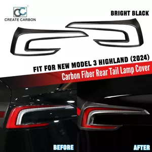 2pcs Dry Carbon Fiber Rear Tail Light Cover Trim For Tesla Model 3 Highland - Foto 1 di 7
