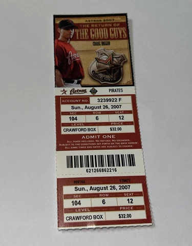Houston Astros Vs Pittsburgh Pirates Game day ticket Stub. 8/26/2007 Cover