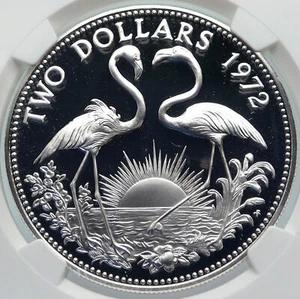 1972 The BAHAMAS Old Queen Elizabeth II FLAMINGO Proof Silver $2 Coin NGC i85375 - Picture 1 of 5