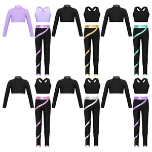 Kids Girls Long Sleeve Tops Sport Bra and Dance Pants Gymnastic Training Outfit - Picture 1 of 70