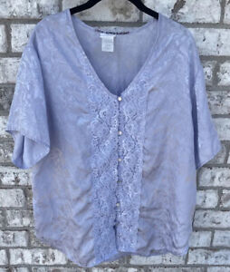 VTG Adonna Large Pajama Top Sleep Shirt Large Lilac with Lace ButtonUP Polyester