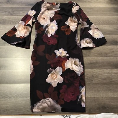 CALVIN KLEIN flared bell sleeve floral fitted sheath midi dress sz 6 - Image 1 of 4
