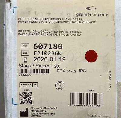 GREINER BIO-ONE 10 ML GRADUATED STERILE PIPETTES (CASE OF 500) - Image 1 of 2