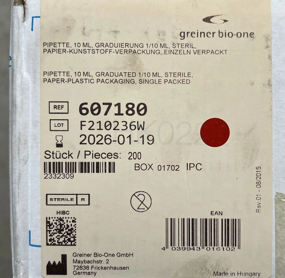 GREINER BIO-ONE 10 ML GRADUATED STERILE PIPETTES (CASE OF 500) - Image 1 of 2