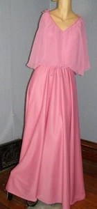 Vintage 70's salmon pink CHIFFON bodice maxi dress M L bows V-NECK boho retro - Picture 1 of 16