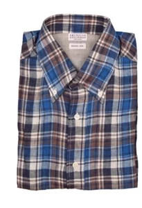 Brunello Cucinelli 100% Linen Button Down Shirt XL Blue Denim Tobacco Plaid - Picture 1 of 5