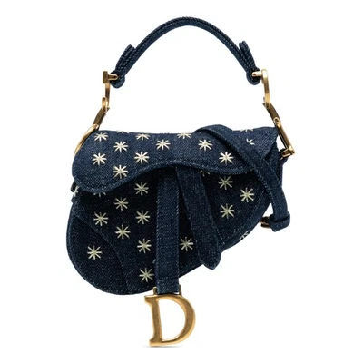 Authenticated Dior Micro Embroidered Saddle Bag Blue Denim Fabric Satchel - Image 1 of 4